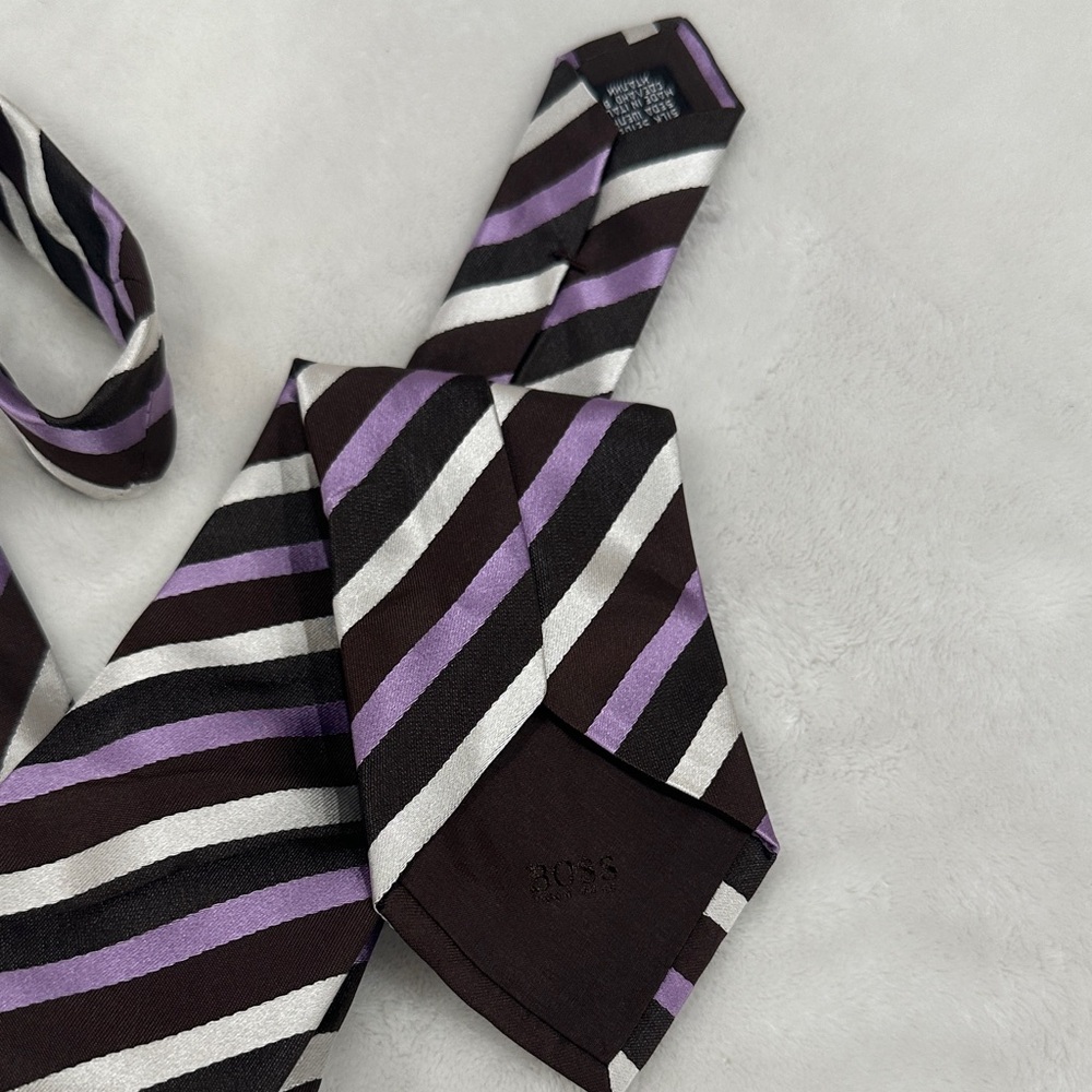 Hugo Boss Purple, Black, and White Striped Tie